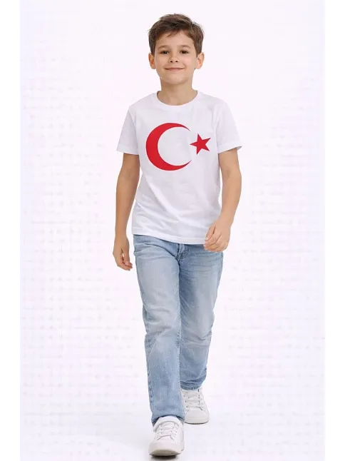 Erkek Çocuk Tişört Bisiklet Yaka Ay Yıldız Bayrak Baskılı T-shirt - Beyaz