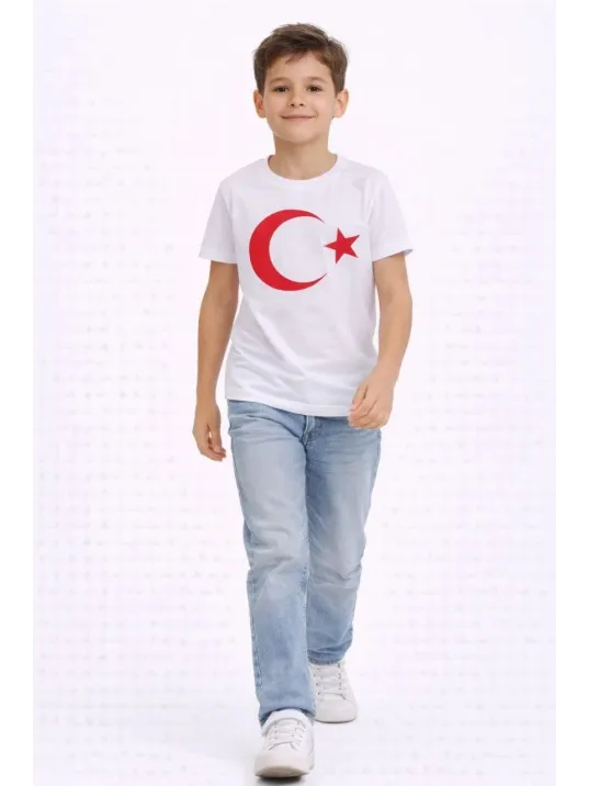 Erkek Çocuk Tişört Bisiklet Yaka Ay Yıldız Bayrak Baskılı T-shirt - Beyaz Erkek Çocuk Tişört Bisiklet Yaka Ay Yıldız Bayrak Baskılı T-shirt - Beyaz