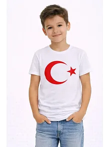 Erkek Çocuk Tişört Bisiklet Yaka Ay Yıldız Bayrak Baskılı T-shirt - Beyaz