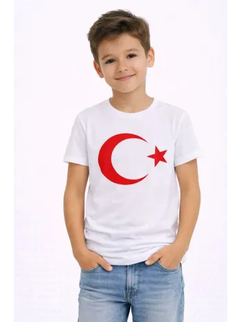Erkek Çocuk Tişört Bisiklet Yaka Ay Yıldız Bayrak Baskılı T-shirt - Beyaz