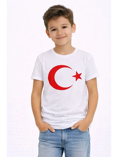 Erkek Çocuk Tişört Bisiklet Yaka Ay Yıldız Bayrak Baskılı T-shirt - Beyaz