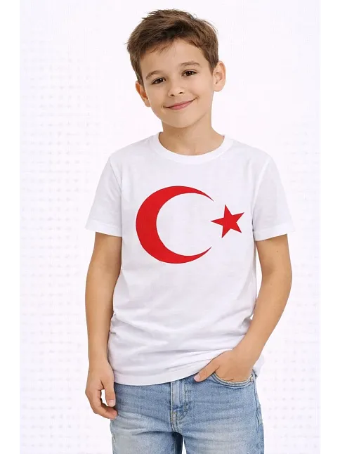 Erkek Çocuk Tişört Bisiklet Yaka Ay Yıldız Bayrak Baskılı T-shirt - Beyaz