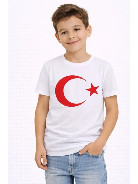 Erkek Çocuk Tişört Bisiklet Yaka Ay Yıldız Bayrak Baskılı T-shirt - Beyaz Erkek Çocuk Tişört Bisiklet Yaka Ay Yıldız Bayrak Baskılı T-shirt - Beyaz