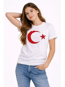 Kız Çocuk Tişört Bisiklet Yaka Ay Yıldız Bayrak Baskılı T-shirt - Beyaz