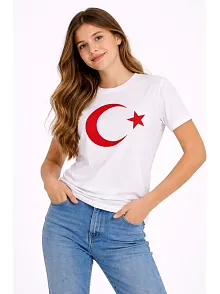 Kız Çocuk Tişört Bisiklet Yaka Ay Yıldız Bayrak Baskılı T-shirt - Beyaz