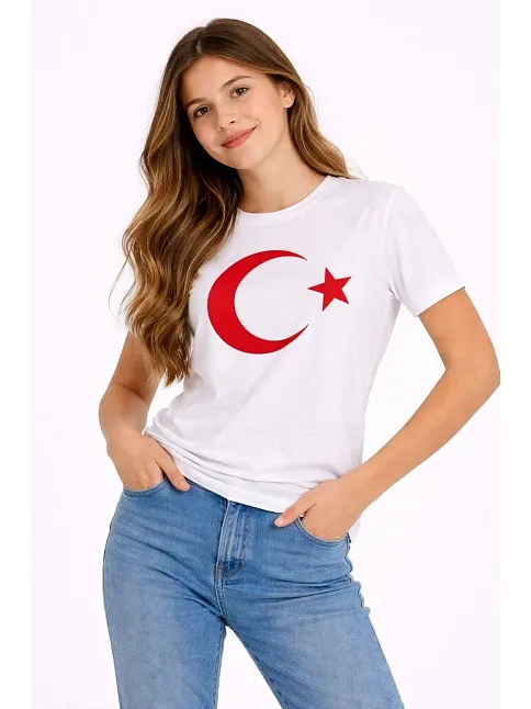 Kız Çocuk Tişört Bisiklet Yaka Ay Yıldız Bayrak Baskılı T-shirt - Beyaz Kız Çocuk Tişört Bisiklet Yaka Ay Yıldız Bayrak Baskılı T-shirt - Beyaz