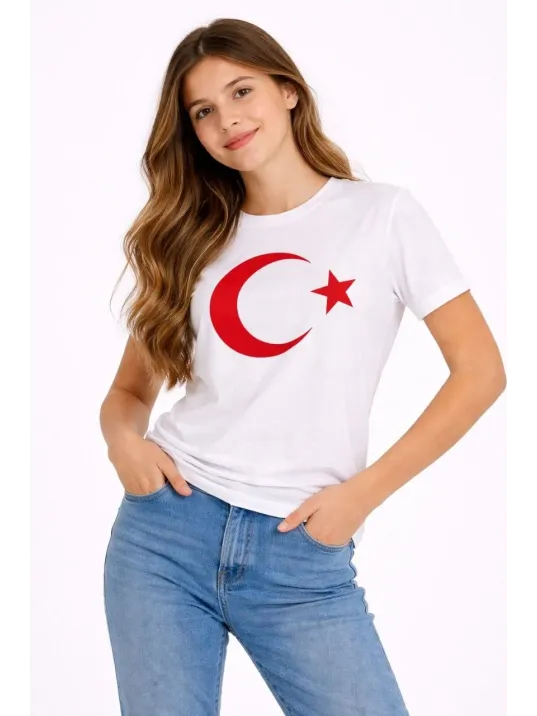 Kız Çocuk Tişört Bisiklet Yaka Ay Yıldız Bayrak Baskılı T-shirt - Beyaz Kız Çocuk Tişört Bisiklet Yaka Ay Yıldız Bayrak Baskılı T-shirt - Beyaz