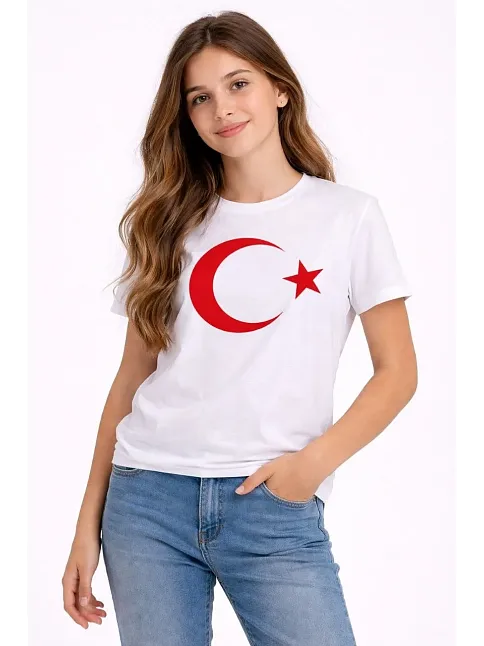 Kız Çocuk Tişört Bisiklet Yaka Ay Yıldız Bayrak Baskılı T-shirt - Beyaz Kız Çocuk Tişört Bisiklet Yaka Ay Yıldız Bayrak Baskılı T-shirt - Beyaz