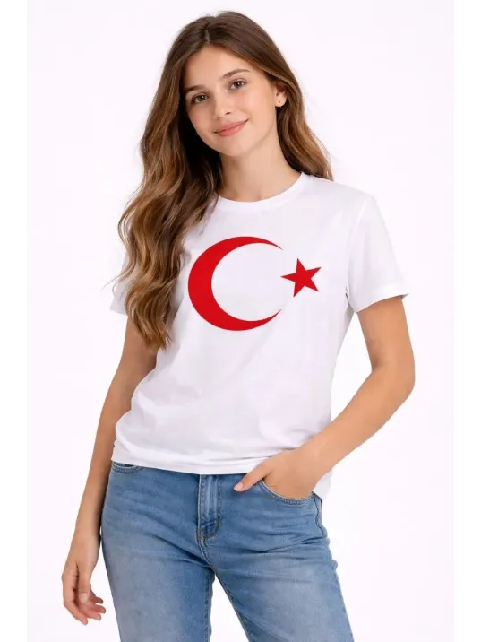 Kız Çocuk Tişört Bisiklet Yaka Ay Yıldız Bayrak Baskılı T-shirt - Beyaz Kız Çocuk Tişört Bisiklet Yaka Ay Yıldız Bayrak Baskılı T-shirt - Beyaz