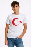 Erkek Çocuk Tişört Bisiklet Yaka Ay Yıldız Bayrak Baskılı T-shirt - Beyaz