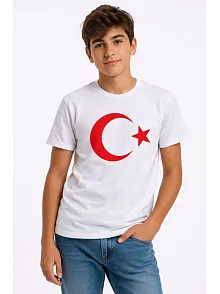 Erkek Çocuk Tişört Bisiklet Yaka Ay Yıldız Bayrak Baskılı T-shirt - Beyaz