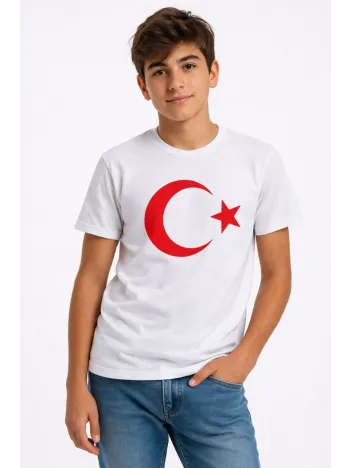 Erkek Çocuk Tişört Bisiklet Yaka Ay Yıldız Bayrak Baskılı T-shirt - Beyaz Erkek Çocuk Tişört Bisiklet Yaka Ay Yıldız Bayrak Baskılı T-shirt - Beyaz