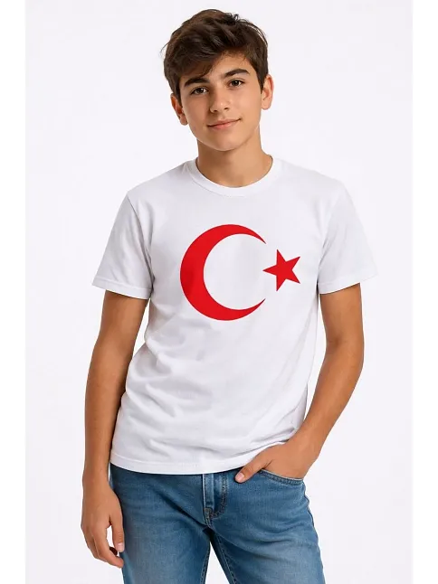Erkek Çocuk Tişört Bisiklet Yaka Ay Yıldız Bayrak Baskılı T-shirt - Beyaz
