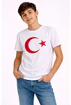 Erkek Çocuk Tişört Bisiklet Yaka Ay Yıldız Bayrak Baskılı T-shirt - Beyaz