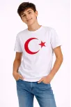 Erkek Çocuk Tişört Bisiklet Yaka Ay Yıldız Bayrak Baskılı T-shirt - Beyaz