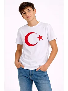 Erkek Çocuk Tişört Bisiklet Yaka Ay Yıldız Bayrak Baskılı T-shirt - Beyaz