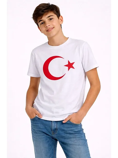 Erkek Çocuk Tişört Bisiklet Yaka Ay Yıldız Bayrak Baskılı T-shirt - Beyaz
