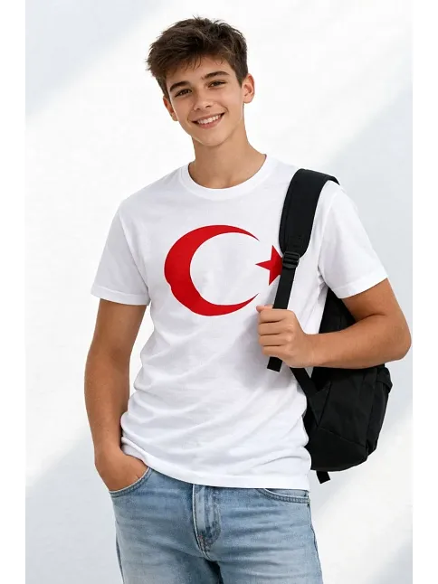Erkek Çocuk Tişört Bisiklet Yaka Ay Yıldız Bayrak Baskılı T-shirt - Beyaz
