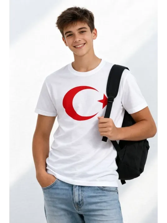 Erkek Çocuk Tişört Bisiklet Yaka Ay Yıldız Bayrak Baskılı T-shirt - Beyaz
