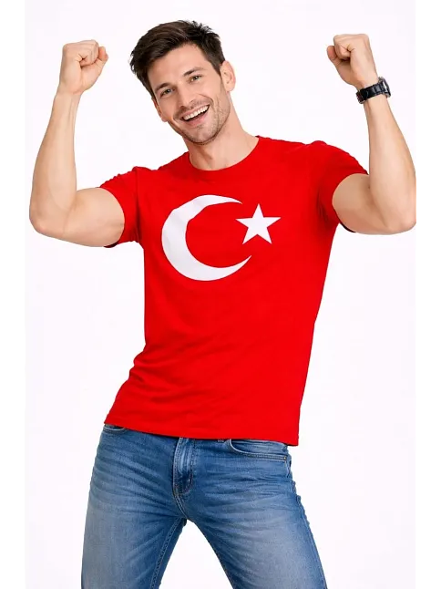 Erkek T-shirt Kısa Kol Bisiklet Yaka Ay Yıldız Bayrak Baskılı Tişört - Kırmızı