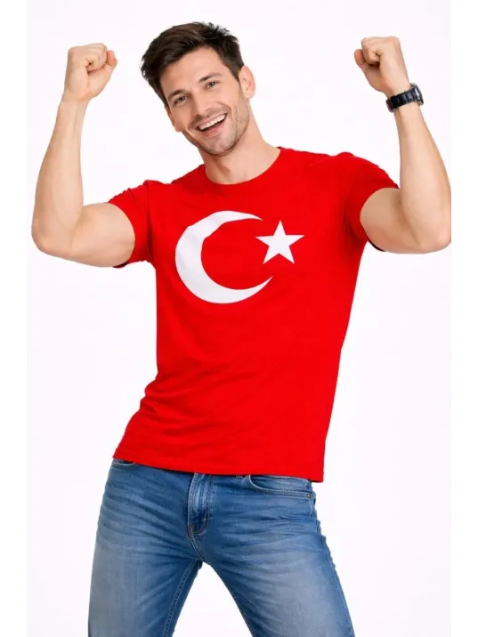 Erkek T-shirt Kısa Kol Bisiklet Yaka Ay Yıldız Bayrak Baskılı Tişört - Kırmızı