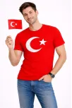 Erkek T-shirt Kısa Kol Bisiklet Yaka Ay Yıldız Bayrak Baskılı Tişört - Kırmızı