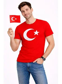 Erkek T-shirt Kısa Kol Bisiklet Yaka Ay Yıldız Bayrak Baskılı Tişört - Kırmızı