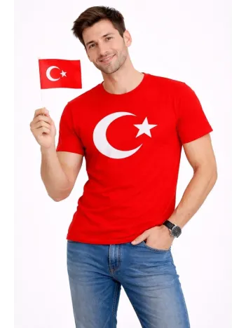 Erkek T-shirt Kısa Kol Bisiklet Yaka Ay Yıldız Bayrak Baskılı Tişört - Kırmızı Erkek T-shirt Kısa Kol Bisiklet Yaka Ay Yıldız Bayrak Baskılı Tişört - Kırmızı