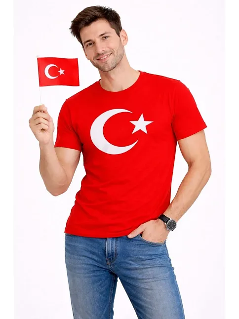 Erkek T-shirt Kısa Kol Bisiklet Yaka Ay Yıldız Bayrak Baskılı Tişört - Kırmızı
