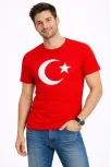 Erkek T-shirt Kısa Kol Bisiklet Yaka Ay Yıldız Bayrak Baskılı Tişört - Kırmızı