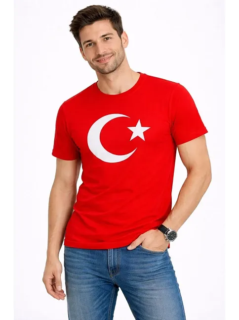 Erkek T-shirt Kısa Kol Bisiklet Yaka Ay Yıldız Bayrak Baskılı Tişört - Kırmızı