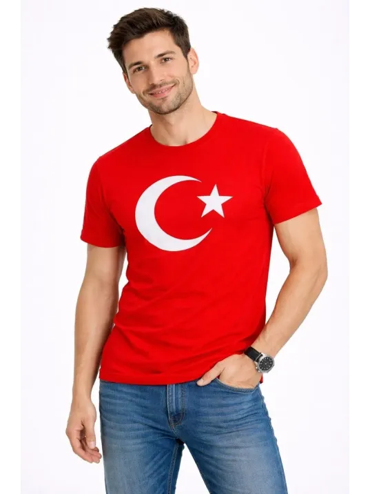 Erkek T-shirt Kısa Kol Bisiklet Yaka Ay Yıldız Bayrak Baskılı Tişört - Kırmızı