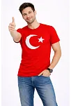 Erkek T-shirt Kısa Kol Bisiklet Yaka Ay Yıldız Bayrak Baskılı Tişört - Kırmızı