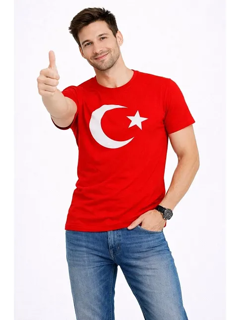 Erkek T-shirt Kısa Kol Bisiklet Yaka Ay Yıldız Bayrak Baskılı Tişört - Kırmızı
