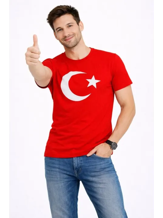 Erkek T-shirt Kısa Kol Bisiklet Yaka Ay Yıldız Bayrak Baskılı Tişört - Kırmızı