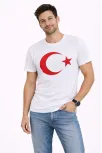 Erkek T-shirt Kısa Kol Bisiklet Yaka Ay Yıldız Bayrak Baskılı Tişört - Beyaz