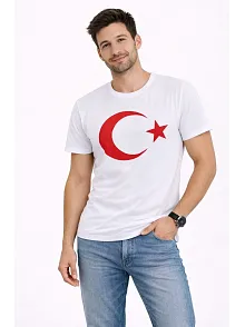 Erkek T-shirt Kısa Kol Bisiklet Yaka Ay Yıldız Bayrak Baskılı Tişört - Beyaz