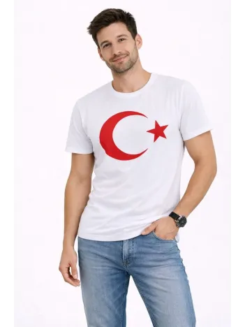Erkek T-shirt Kısa Kol Bisiklet Yaka Ay Yıldız Bayrak Baskılı Tişört - Beyaz Erkek T-shirt Kısa Kol Bisiklet Yaka Ay Yıldız Bayrak Baskılı Tişört - Beyaz