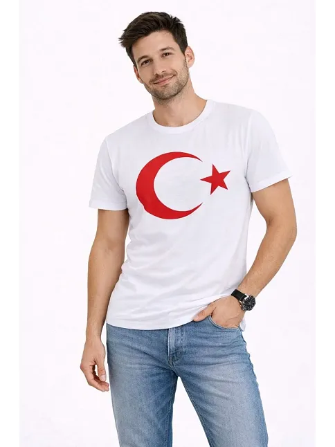 Erkek T-shirt Kısa Kol Bisiklet Yaka Ay Yıldız Bayrak Baskılı Tişört - Beyaz