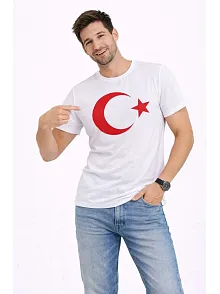 Erkek T-shirt Kısa Kol Bisiklet Yaka Ay Yıldız Bayrak Baskılı Tişört - Beyaz
