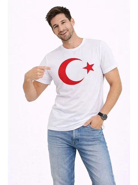 Erkek T-shirt Kısa Kol Bisiklet Yaka Ay Yıldız Bayrak Baskılı Tişört - Beyaz