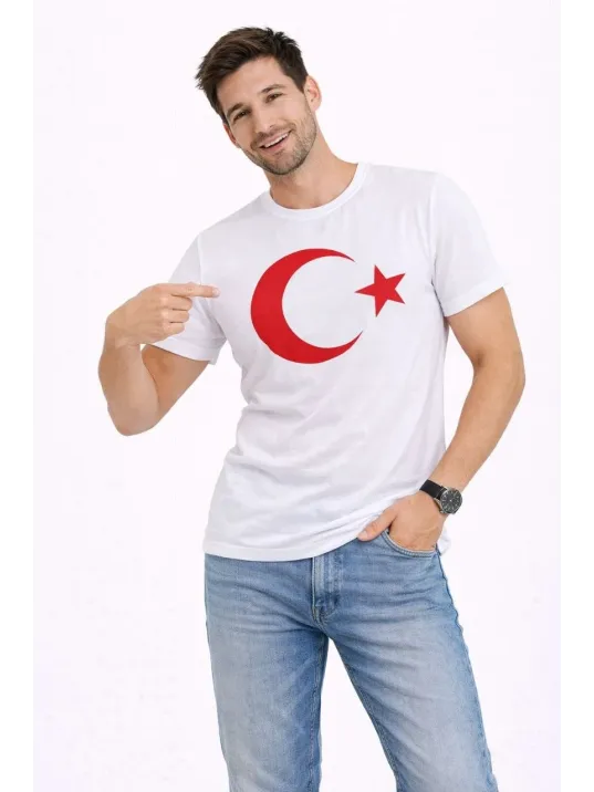 Erkek T-shirt Kısa Kol Bisiklet Yaka Ay Yıldız Bayrak Baskılı Tişört - Beyaz