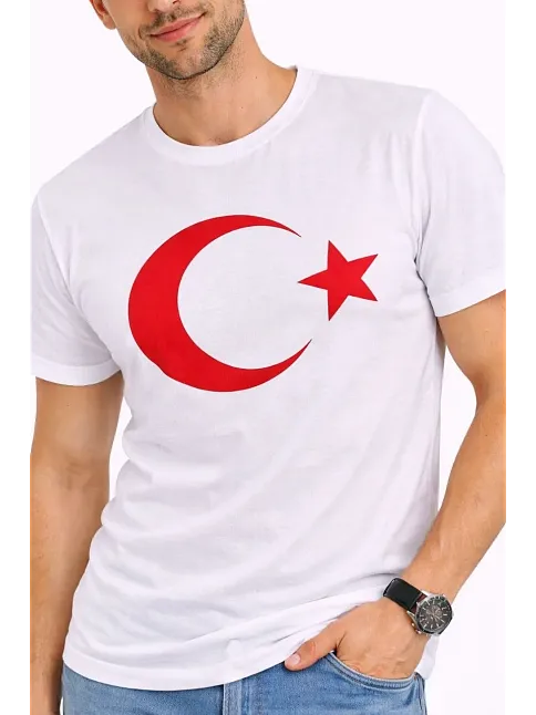 Erkek T-shirt Kısa Kol Bisiklet Yaka Ay Yıldız Bayrak Baskılı Tişört - Beyaz