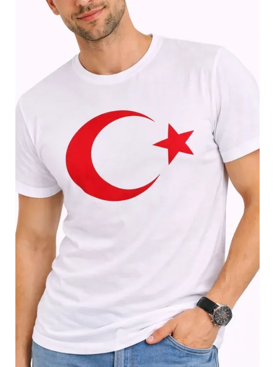 Erkek T-shirt Kısa Kol Bisiklet Yaka Ay Yıldız Bayrak Baskılı Tişört - Beyaz