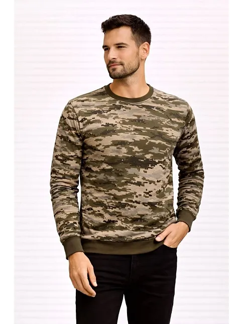 Erkek Kamuflaj Desenli 2 İplik 4 Mevsim Uzun Kollu Bisiklet Yaka Sweatshirt - Kamuflaj
