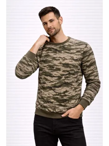 Erkek Kamuflaj Desenli 2 İplik 4 Mevsim Uzun Kollu Bisiklet Yaka Sweatshirt - Kamuflaj