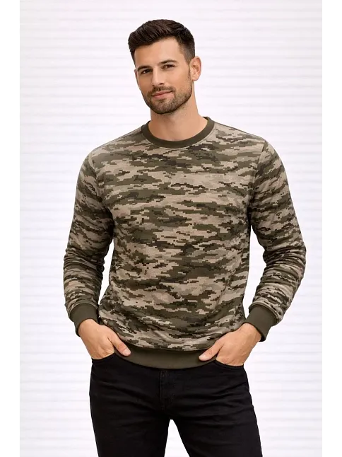 Erkek Kamuflaj Desenli 2 İplik 4 Mevsim Uzun Kollu Bisiklet Yaka Sweatshirt - Kamuflaj