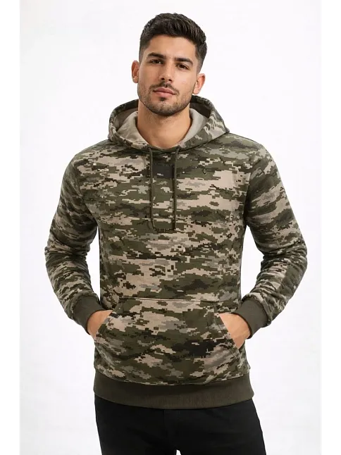 Erkek Kamuflaj Desenli 2 İplik 4 Mevsim Kapüşonlu Kanguru Cepli Hoodie Sweatshirt - Kamuflaj