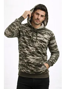 Erkek Kamuflaj Desenli 2 İplik 4 Mevsim Kapüşonlu Kanguru Cepli Hoodie Sweatshirt - Kamuflaj