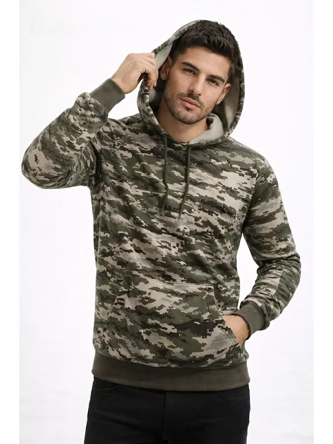 Erkek Kamuflaj Desenli 2 İplik 4 Mevsim Kapüşonlu Kanguru Cepli Hoodie Sweatshirt - Kamuflaj